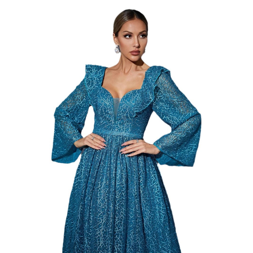 Comercio exterior nuevo Amazon trompeta manga vestido bordado temperamento nicho damas de honor vestido de baile espectáculo vestido de fiesta