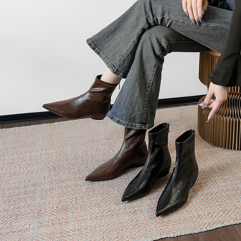 6383-1 Retro Hand-Grained Women's Boots, Short Boots, Slim and Versatile, Inner Heightening Low-Heeled Boots, Inner Heightening Pointed-Toe Short Boots