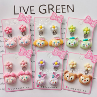 New Student Cute Resin Bright Rabbit Fox Bear Cartoon Ear Clip Flower Pendant Girl Earrings Accessories