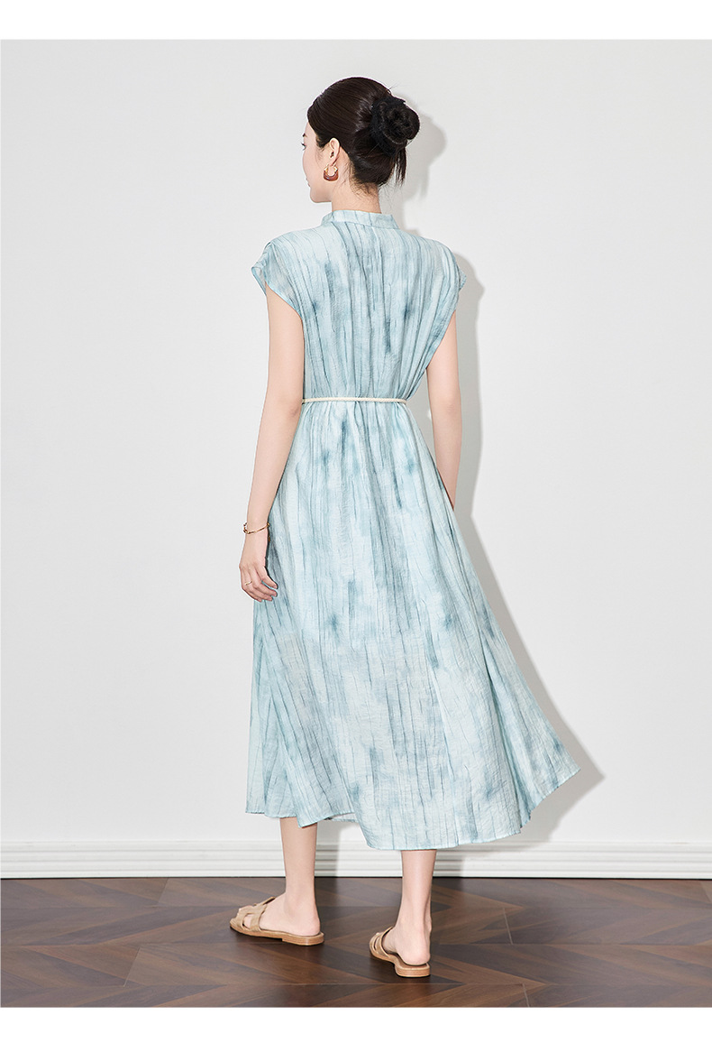 Váy dài nữ họa tiết mực jacquard Tencel phong cách nghỉ dưỡng mùa hè — Màu xanh lam chi tiết 9