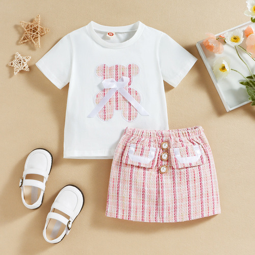 Baoxin children's clothing summer foreign trade new style small and medium-sized girls bear bow T-shirt small fragrant skirt two-piece set