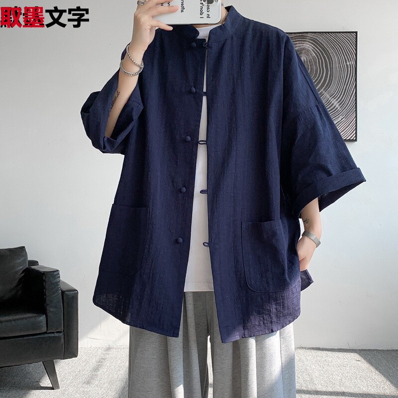 Men's Summer Linen Short-sleeved Tang Suit Seven-point New Chinese Style National Style Men's Hanfu Mandarin Coat
