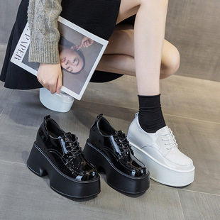Mirror Bright Leather Small Leather Shoes for Women 2025 Spring New Thick-Soled Heightening British Style Lace-Up Flats Thick Heel Loafers