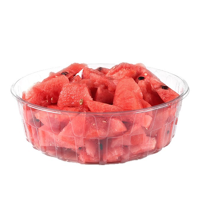 Caja desechable para cortar y empacar sandía, redonda con tapa, gran capacidad, capacidad para 5 libras, caja de plástico PET transparente y resistente para frutas.