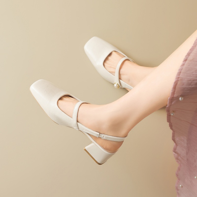 Sandal nữ mũi vuông quai ngang gót thấp phong cách Pháp — Rượu sâm banh NM20