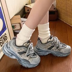 輕便防滑厚底運動鞋女2024新款夏款透氣復古百搭增高老爹鞋子
