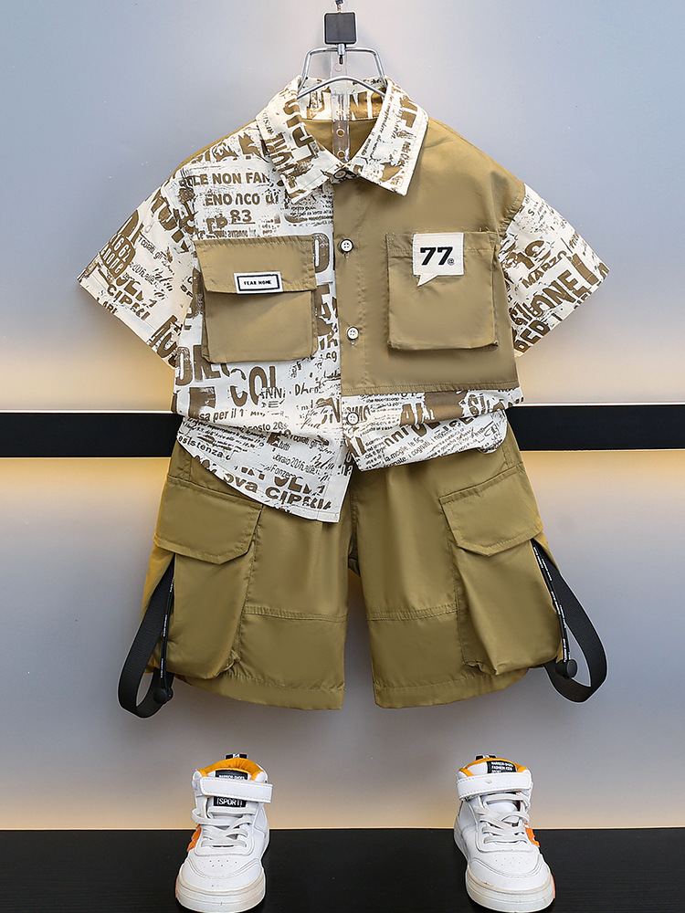 7191 niño vestido de verano hermoso traje de herramientas fino para niños 2025 nuevo estilo coreano camisa de manga corta pantalones cortos para bebé