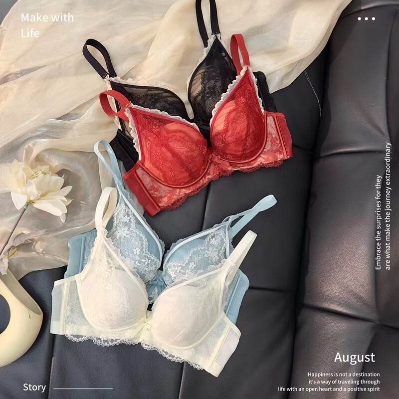 719 # 2cm Sexy French Lace Micro-Adjustable Underwear Plaid No Steel Ring Medium Thick Small Bust Side Gathering Push up Bra