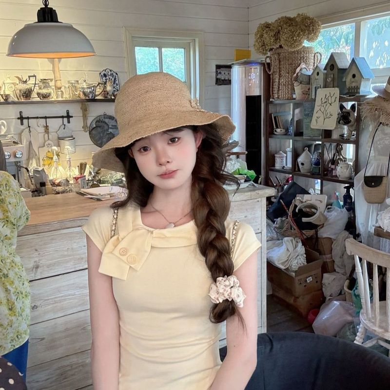 蝴蝶结短袖t恤女2025夏季新款甜美修身显瘦设计感小众百搭上衣服|undefined