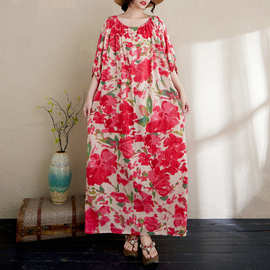 实拍夏季时尚宽松大码女装棉麻印花文艺复古圆领温柔风中袖连衣裙