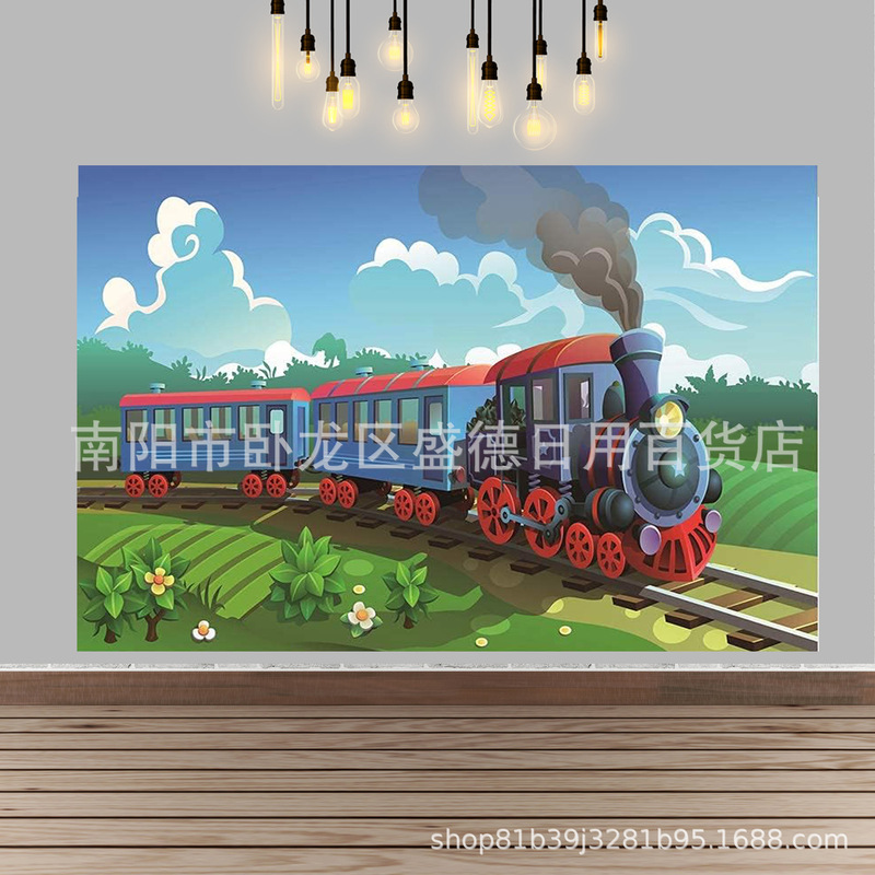 Cross-border steam engine train Photo Background children's birthday adventure party decoration background banner portrait background cloth