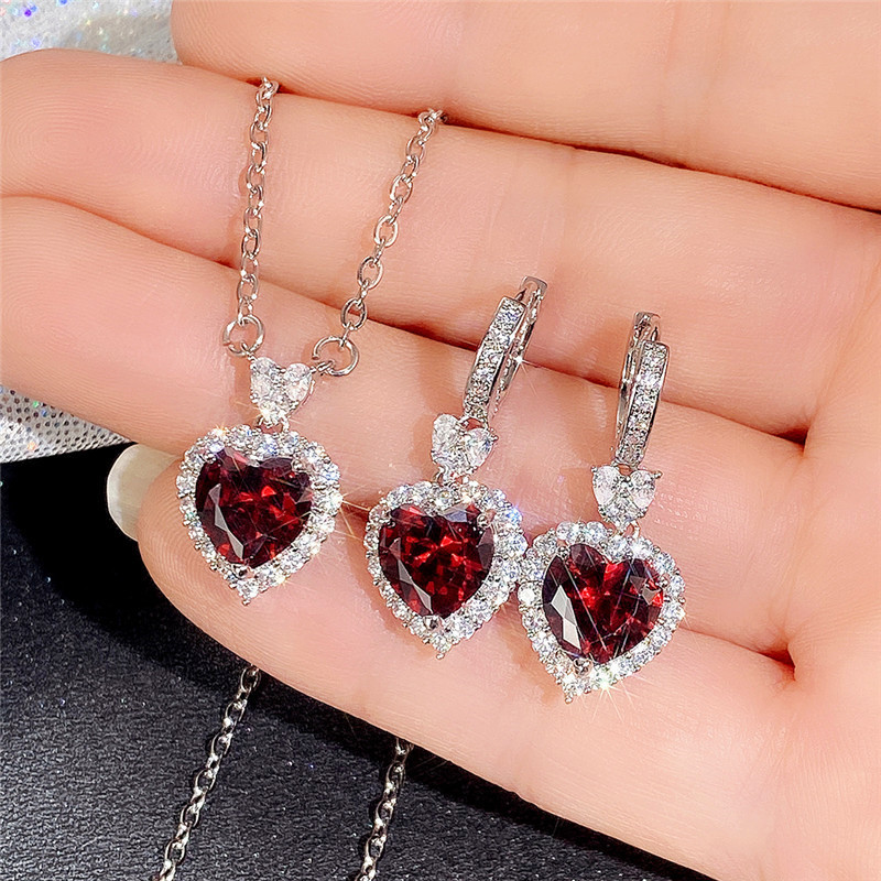 Blue Zircon Heart-shaped Pendant Ring Earrings Set display picture 5