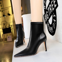1838-3 European and American Fashion Sexy Night Club Slim Heel High Heel Side Zipper Rhinestone Pointed Short Boots for Women