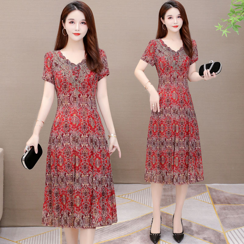 中年妈妈夏装蕾丝连衣裙女新款阔太太夏季网纱弹力大码裙子洋气