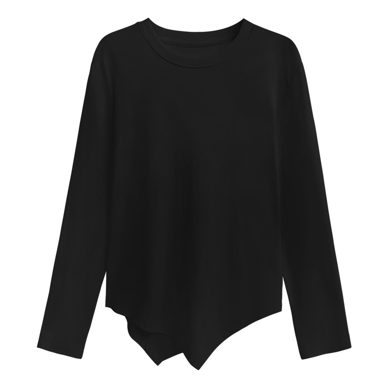 Primavera y otoño nueva suelta adelgazamiento de moda casual drapeado Camiseta asimétrica básica de cuello redondo de manga larga para mujer image 7