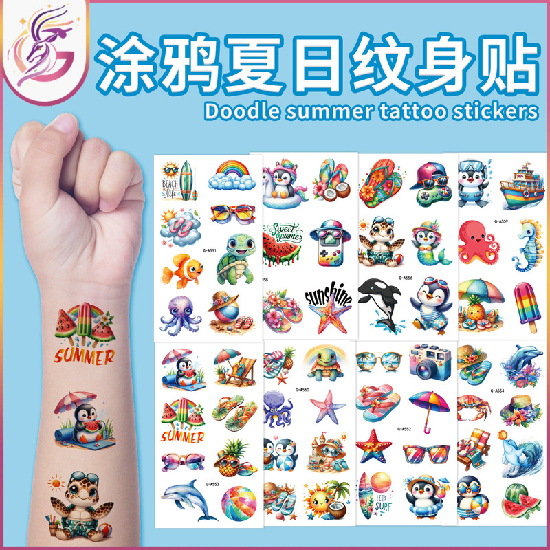 Bright Painted Cool Summer Tattoo Stickers Lots of Marine Animals Xia Wei Penguin Seaside Dress Up Temporary Tattoo