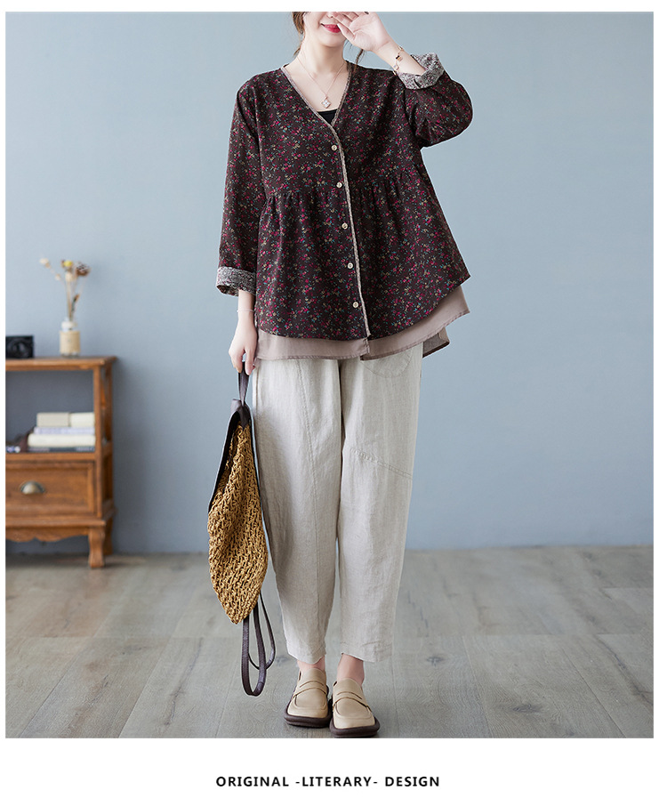 350g Weight Long Sleeve Sleeve Length Single Breasted Placket Type Regular Sleeve Sleeve Type Printing, Cotton and Linen, Hemp Fabric Type Ordinary Model (50cm <Length ≤ 65cm) Top Length Fake two-piece set, Shirt Tops Type V Neck Neckline Loose Fit Type Floral Pattern Temperament Commuter, Commute style Style Printing Craft Autumn 2025 Women's Floral V-neck Open Cardigan Fake Two-Piece Loose Cotton Linen Plus Size Shirt Elegant Commute Style 17