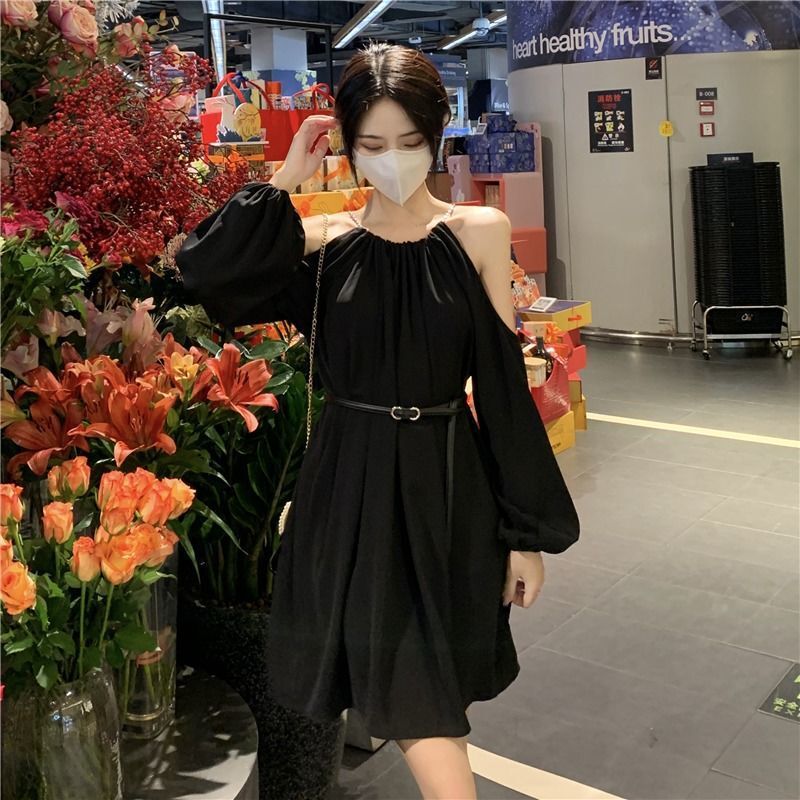 2025 新韓国デザインオフショルダールーズ長袖ドレス女性のための秋のホルターネック A ラインスカートウエスト痩身|undefined