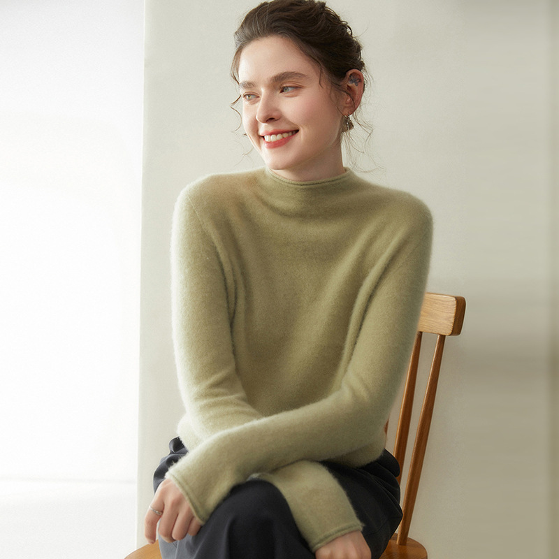 Cashmere Sweater for Women, New Autumn/Winter 26, Half-Turtleneck, Rolled-Edge Knit Base Sweater, Loose Fit, Slimming Sweater, Inner Layer Top