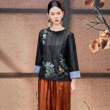 真丝香云纱老料手绘新中式上衣女装2025新款桑蚕丝中国风斜襟衬衫