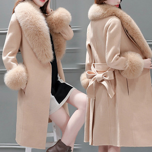 Woolen Outwear Women's Mid-Length Korean Style New Winter Slim Lace-Up Large Fur Collar Outwear Detachable Fur Dreamland