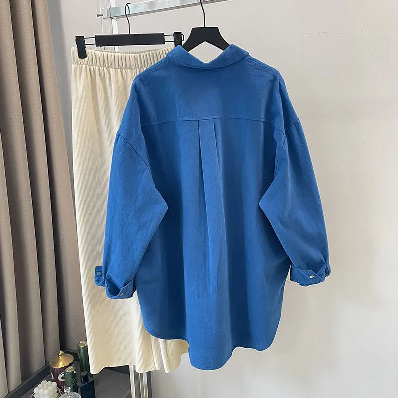 蓝色衬衫外套女宽松2025秋季新款设计感口袋中长款外穿长袖衬衣潮|undefined