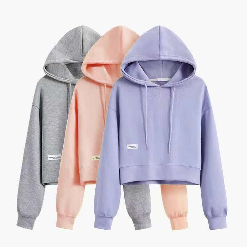 Candy-Colored Short Sweatshirt for Female Students, Cotton Solid Color Loose Korean Style Hooded Pullover Top for Petite Women Trendy