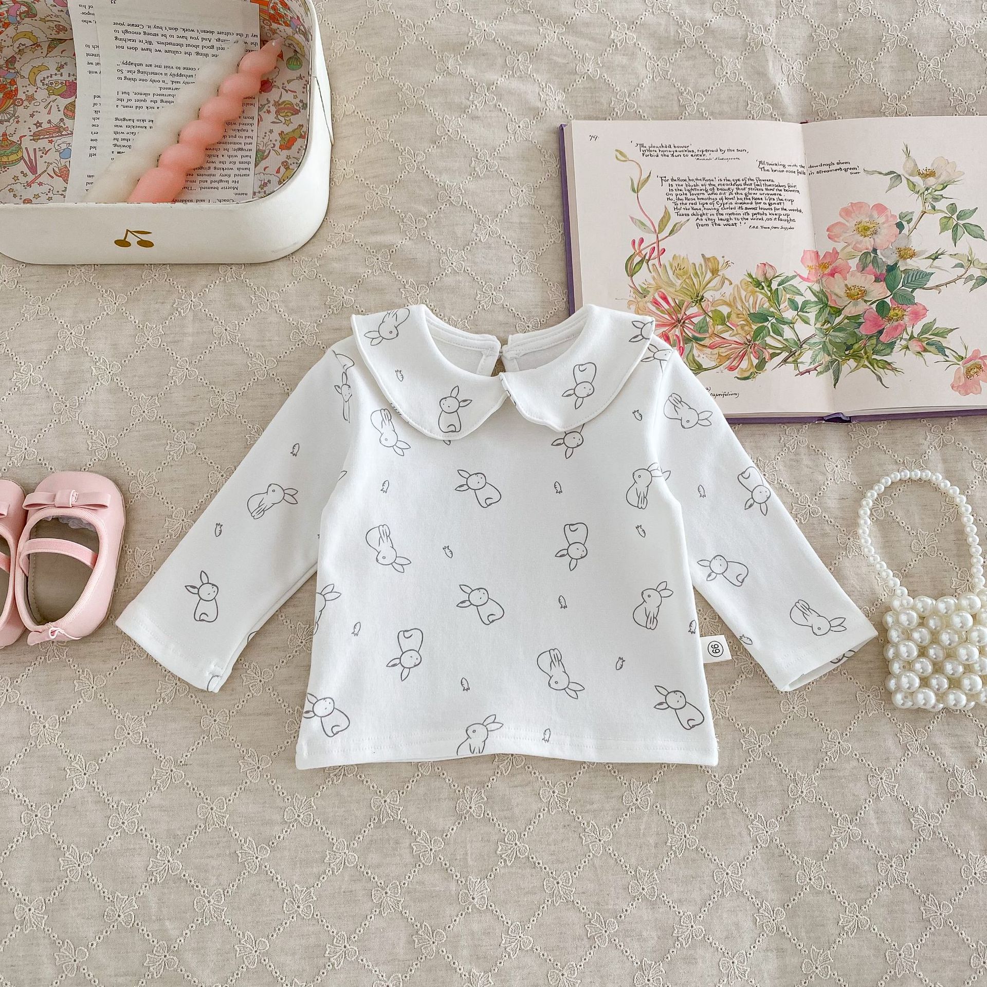 2023 otoño ropa infantil niña bebé muñeca collar bottoming camisa recién nacido floral conejo impreso camiseta superior
