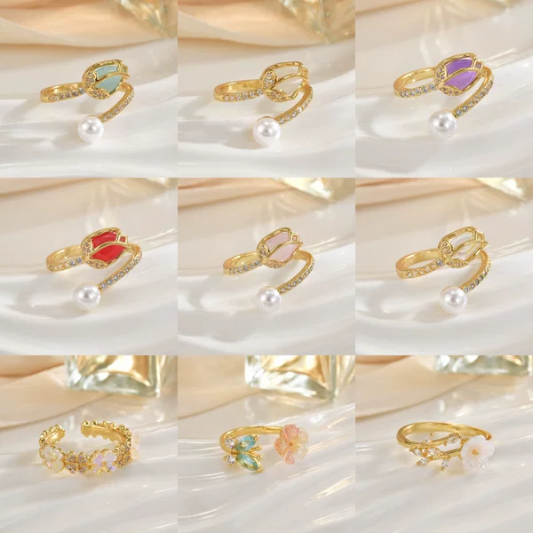 Cross-border Foreign Trade Korean Style Cat's Eye Stone Tulip Flower Ring Women's Copper Gold Plated Fashion Simple High-end Jewelry