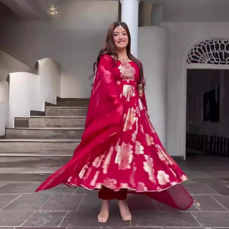 Amazon Cross-Border Foreign Trade Gold-Stamped Fashionable Indian Ethnic Style Slim-Fit Long Dress