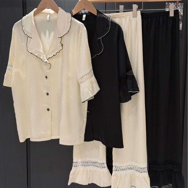 French Style Lace Stitching Pajamas Spring Summer Autumn Lace Silk Atmospheric High-grade Ice Silk Short-sleeved Trousers suit Home