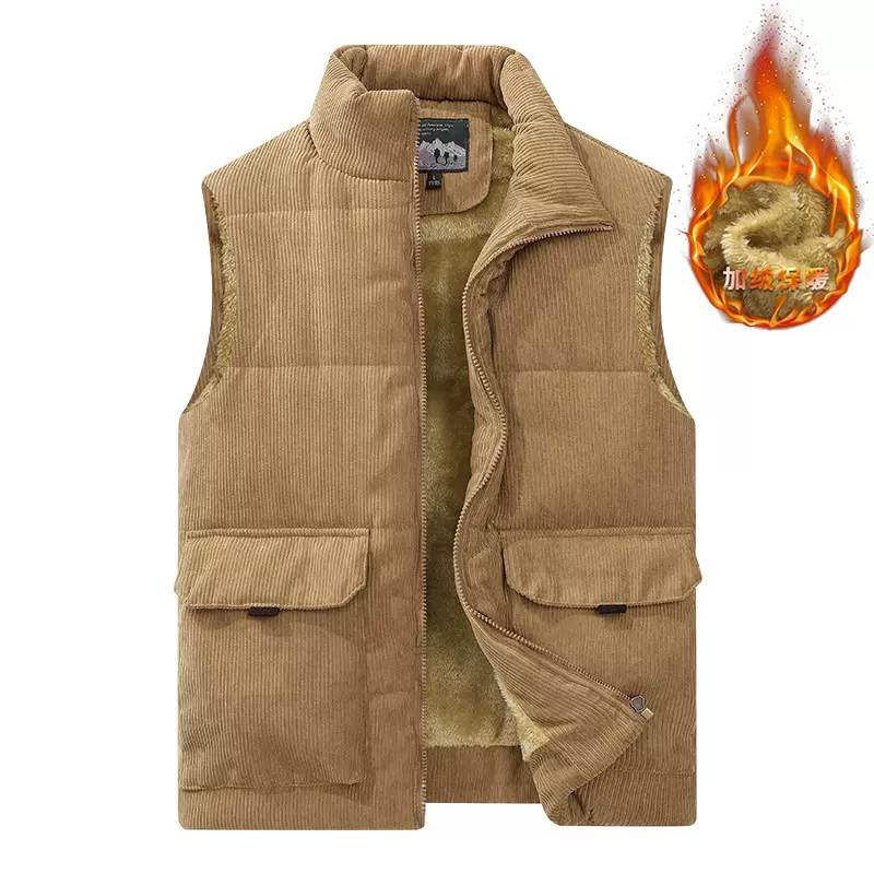 灯芯绒加绒男士棉马甲休闲棉背心户外加厚防寒坎肩多口袋设计