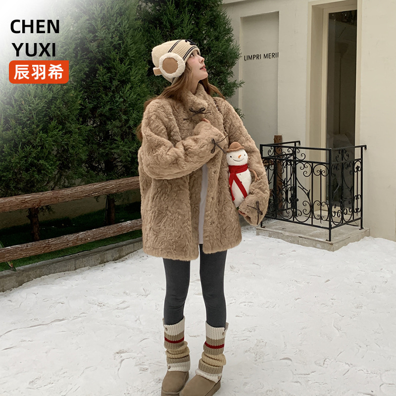 Korean-style retro small volcano teddy brown faux fur coat for women, autumn and winter, stand-up collar, mid-length, curly fur top, loose fit