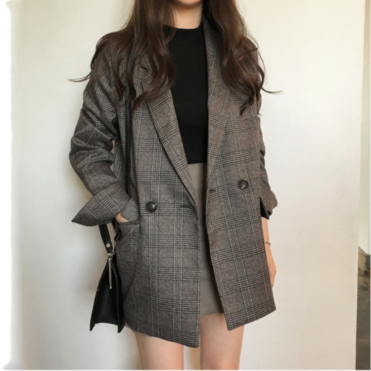 Korean 2023 Early Autumn Retro Simple Plaid Lapel Two-Button Loose Double-Pocket Long-Sleeve Blazer Jacket for Women