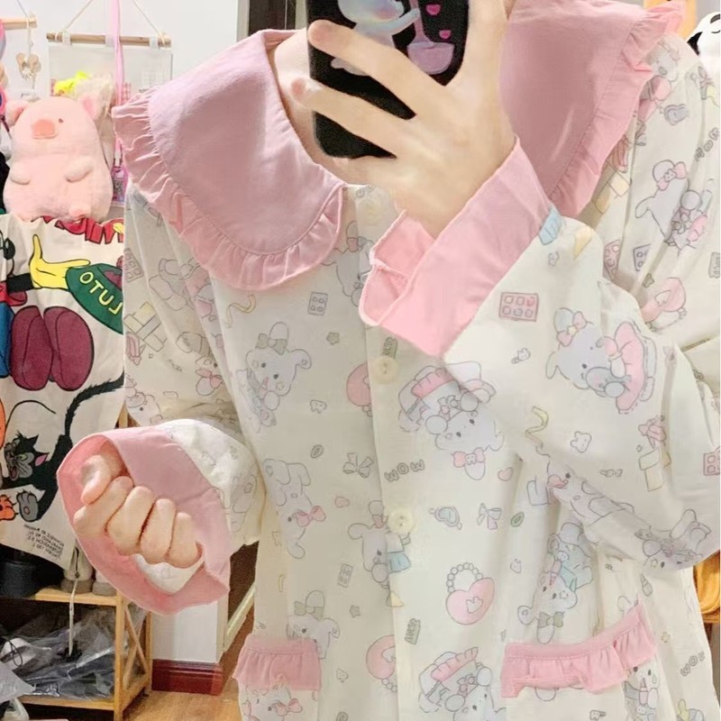 日系可爱小兔娃娃领短袖睡衣女夏季新款软妹甜美学生宿舍家居服|undefined