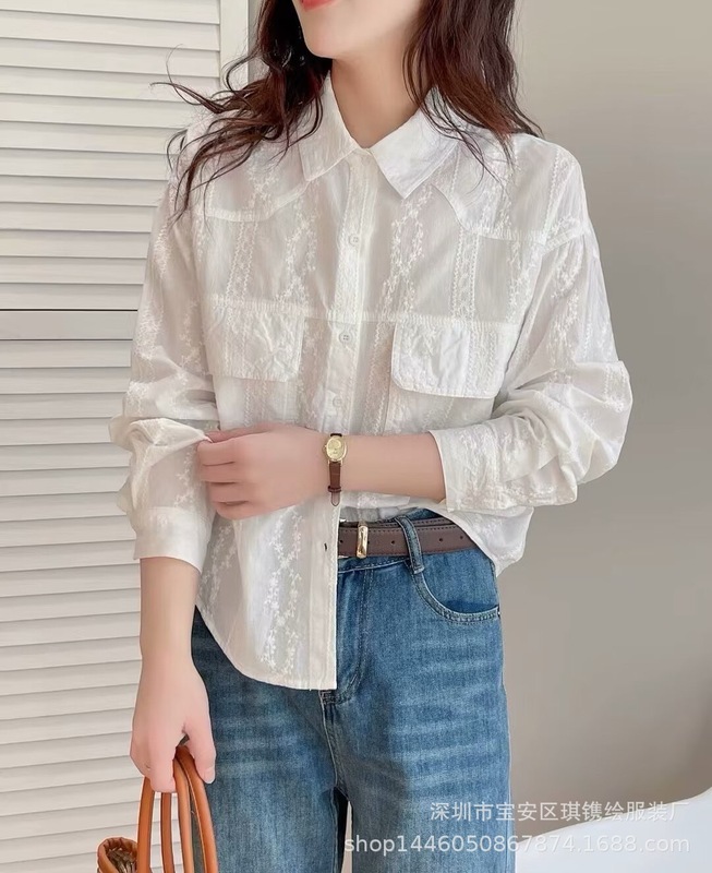 韩版气质V领刺绣单排扣长袖衬衫女 2025秋季新款休闲宽松显瘦上衣|undefined