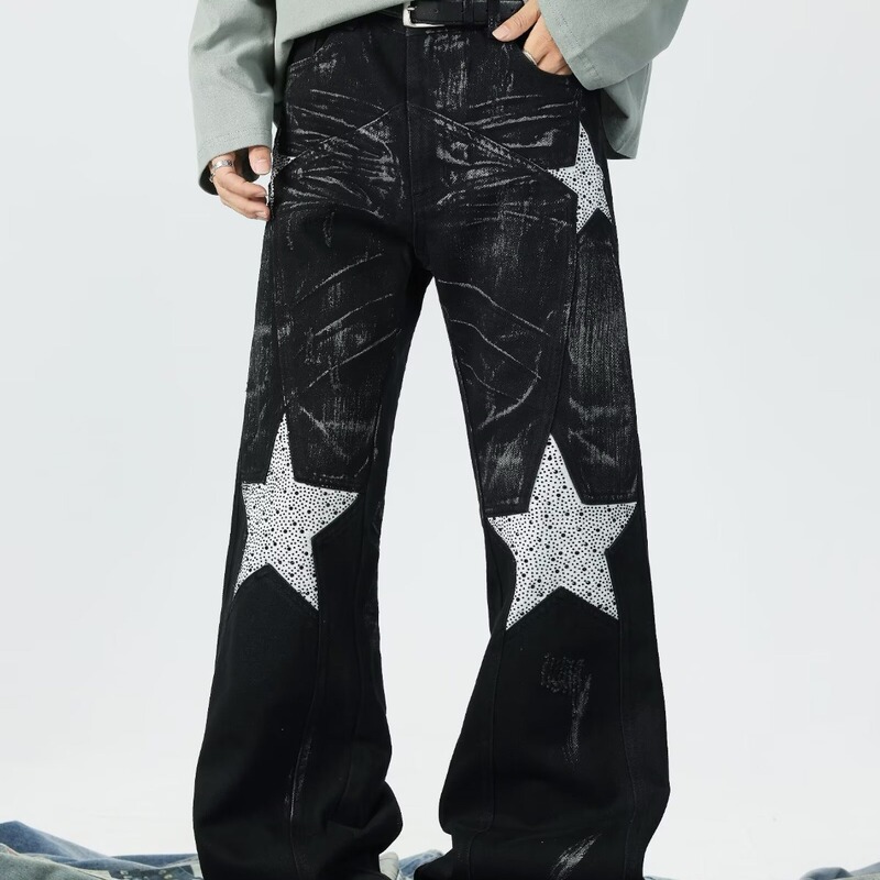 American High Street Washed Five-Pointed Star Diamond Bootcut Jeans for Men and Women, Wide-Leg Distressed Punk Black Trousers