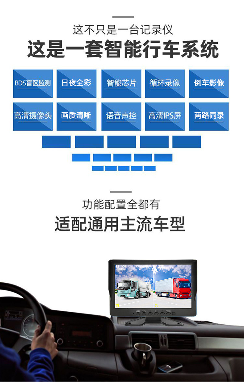 Truck driving recorder HD night vision BSD blind area monitoring warning pedestrian vehicle prompt night anti-oil theft
