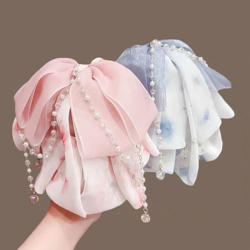 Fairy Pink Chiffon Pendant Floral Bow Ponytail Clip New High-End Super Elegant Exquisite Tassel Hairpin