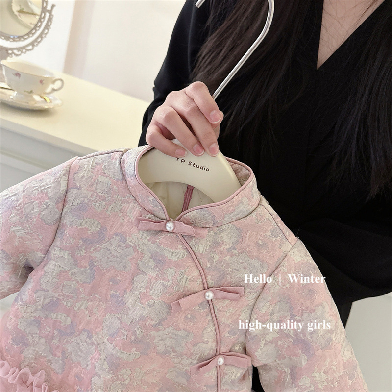 2025 vestido de traje Tang de doble cara grueso acolchado para niñas nuevo vestido cheongsam de malla china vestido de Año Nuevo para niños