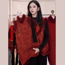 新中式新年亲子装一家三口母子母女装马甲过年家福红色冬季棉服
