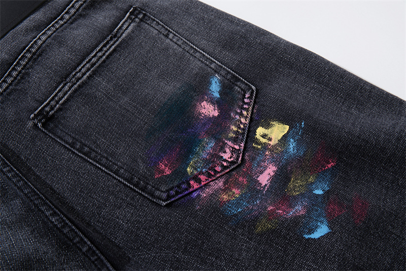 Men's Distressed Straight Leg Jeans Artistic Street Style Black Gray Oil Painting Pattern Casual Normcore mid Waist Zipper Fly_mkmklike.com