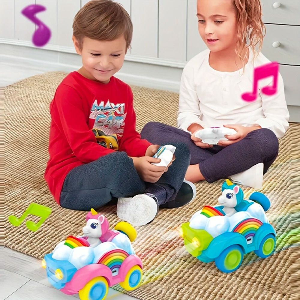 Coche de juguete modelo unicornio musical de dibujos animados transfronterizo con control remoto, arcoíris, rosa y azul, para niños y niñas