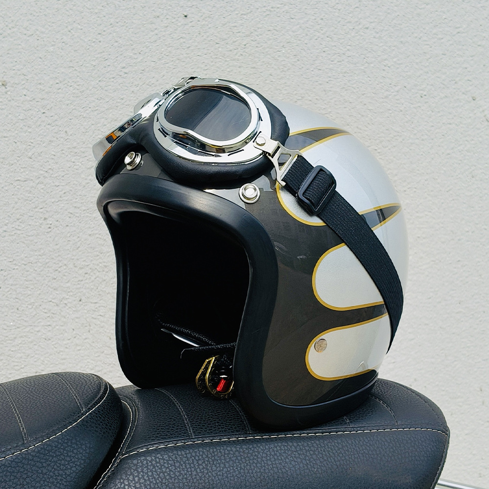 Motuoche – 500TX Helmet Half Motosiklet kaskı (dəbilqə) - cement-grey-flower-pilot-goggles-xxxxl