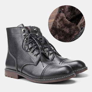 American Style First Layer Cowhide Winter Boots fleece-lined Tooling Martin Boots Warm and Comfortable Thickened Snow Boots