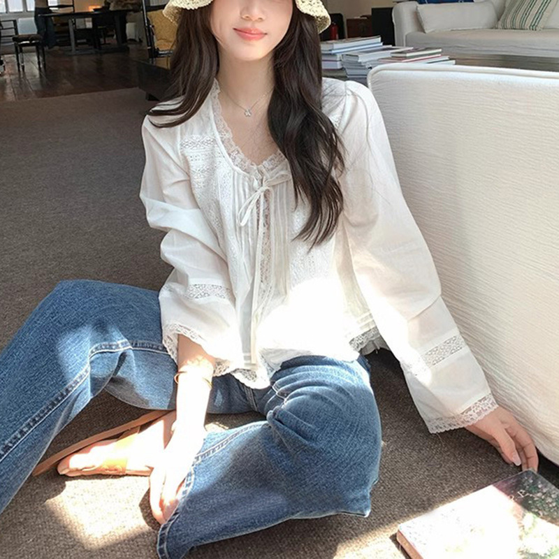 Spot Zhong Ling Yixiu Elegant Exquisite Details Pure Color 100 Cotton Lace Shirt Tops for Women Summer T-Shirt for Women