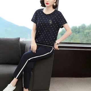 新款短袖休闲套装女2022夏季圆领气质两件套中年女士大码运动装