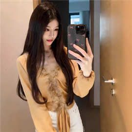慧轻奢贵气富家千金感毛边拼接长袖上衣女绝美收腰显瘦雪纺衫