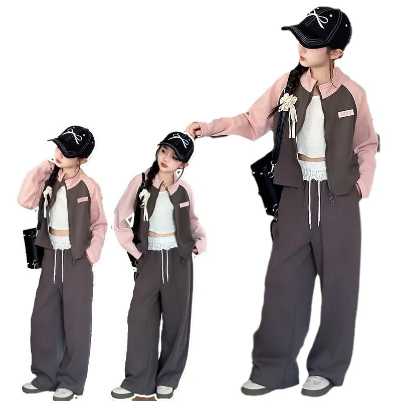 Traje de otoño para niñas de moda 2024 nuevo estilo ropa de otoño para niños medianos y grandes suéter casual para niños de estilo occidental de dos piezas suelto