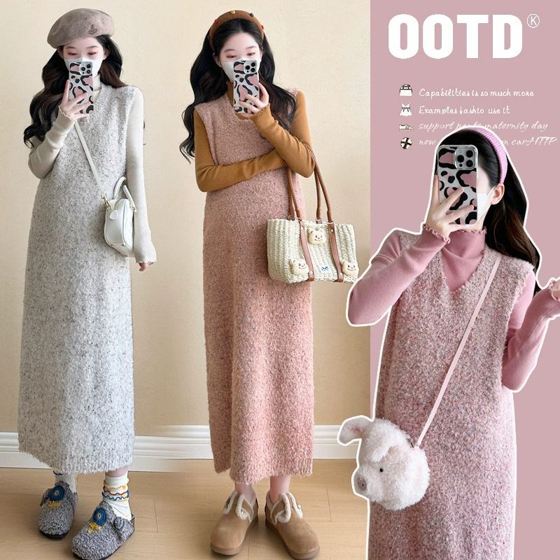 Пятно ~ 2024 осень и зима новая беременная корейская версия цветного зернистого свитера юбка с подвесной грибок